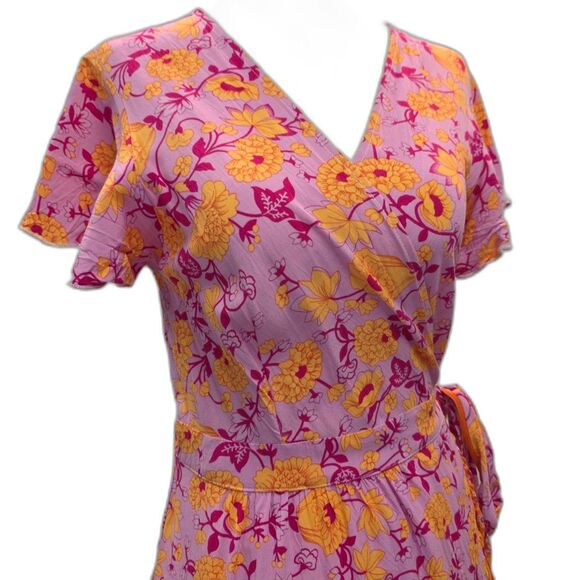 ZESICA Pink & Orange Floral Bohemian Wrap V-Neck Ruffle Flowy Midi Dress Size S - Picture 7 of 11